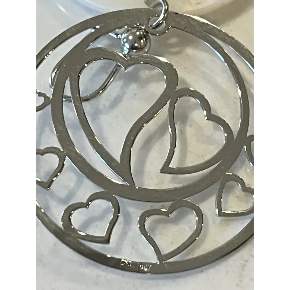14K White Gold Italian Heart Filigree Drop Earrings w/ Mother of Pearl Disc - Picture 6 of 6